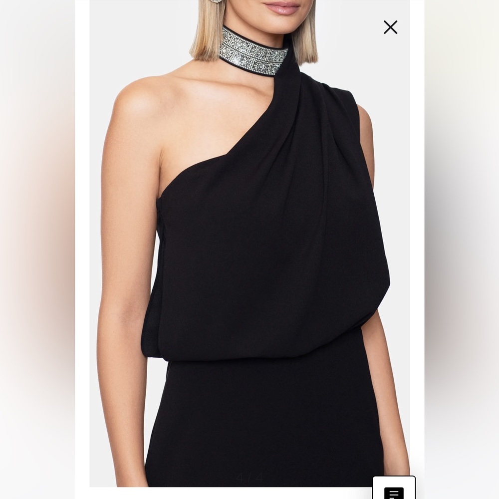 Betsy and Adam crystal mock neck one-shoulder gown. Long black dress.